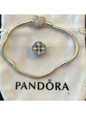 PANDORA STERLING SILVER MOMENTS SNAKE CHAIN CHARM BRACELET HEART CLASP